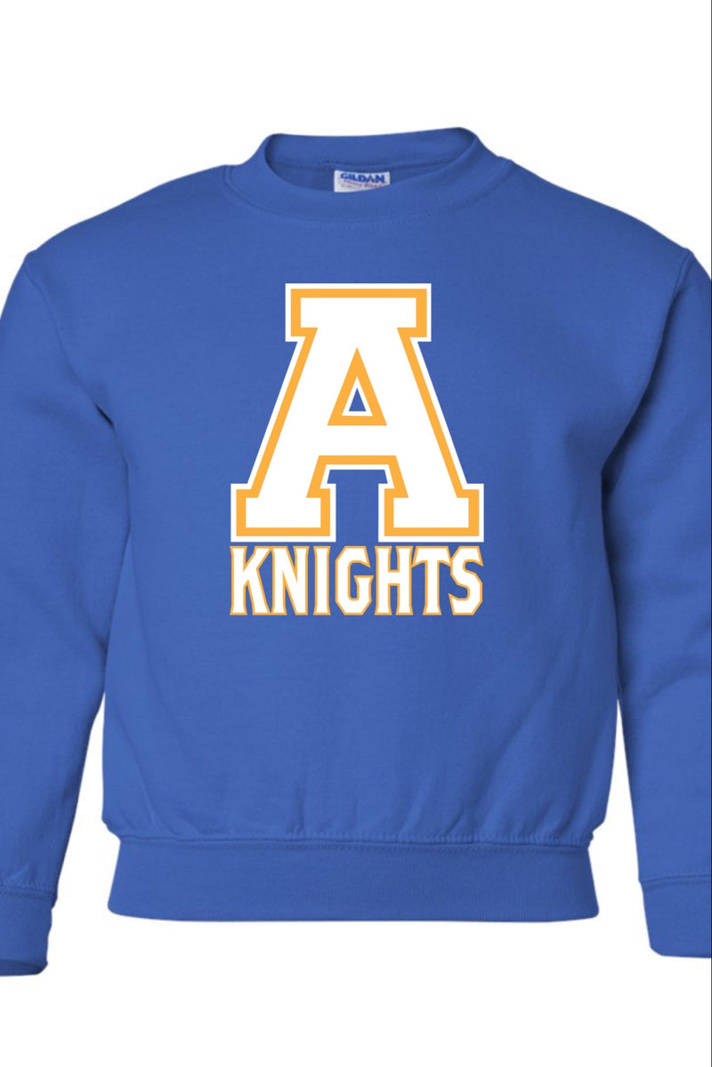 Royal Crewneck Sweatshirt with Block A Logo outlined in gold