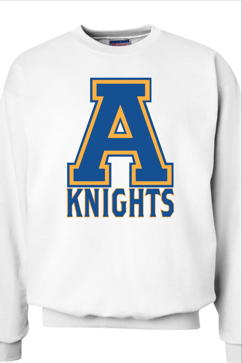 White Crewneck Sweatshirt with Block A Logo outlined in Gold